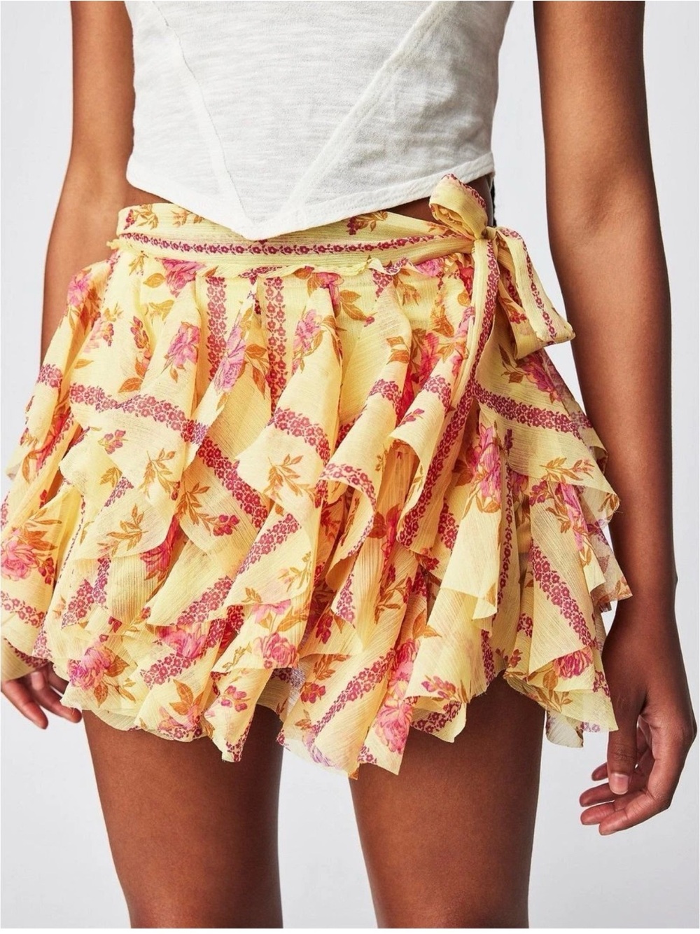 Free People Yellow Floral Ruffle Mini Skirt